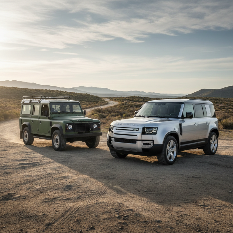 Side-by-side comparison of classic 1990s Defender 110 and modern 2025 Defender 110 showing design evolution